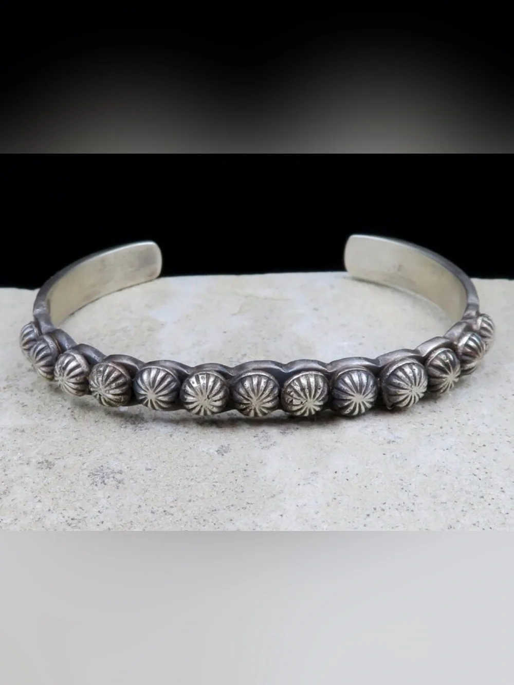 Navajo Martha Cayatenito Narrow Sterling Silver Starburst Button Cuff Bracelet - Picture 2 of 5